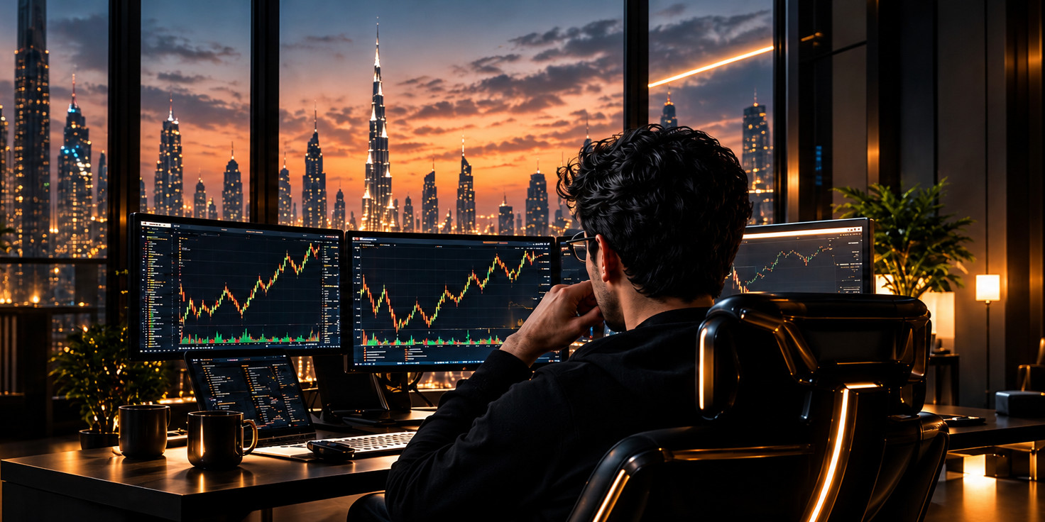 A trader at a desk with three chart screens, overlooking a city skyline at dusk