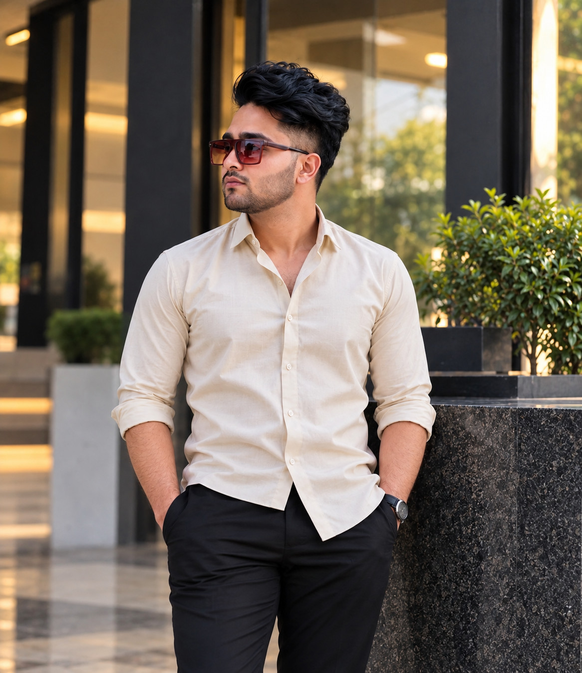 Hifaz Ahmed in a cream shirt and sunglasses, standing outside a glass office building
