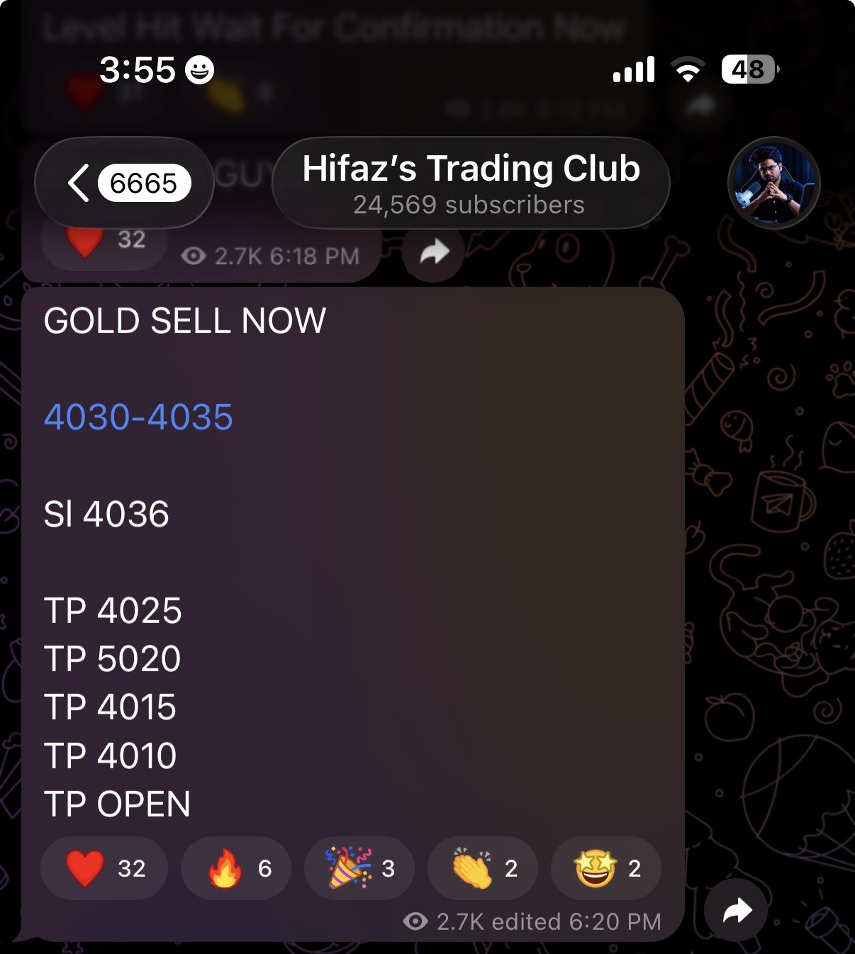 Screenshot of Hifaz's Trading Club on Telegram, 24,569 subscribers, showing a gold trade post